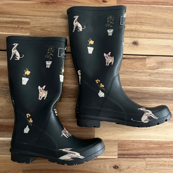 Joules Roll-Up Wellie Rain Boots Dog & Plant Print (Size 6) - Picture 2 of 10